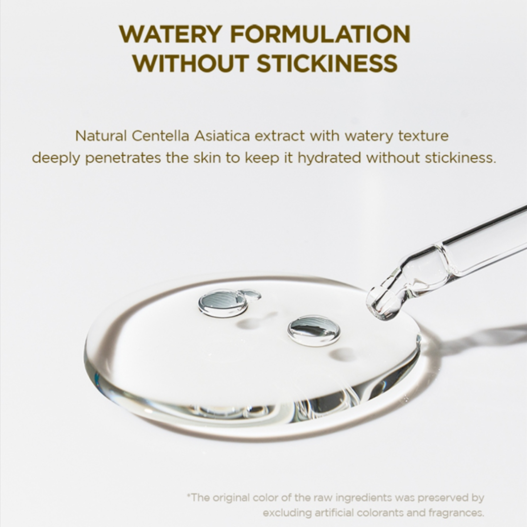 A dropper with a clear liquid over a white surface, highlighting a watery formulation without stickiness. SKIN1004 Madagascar Centella Ampoule