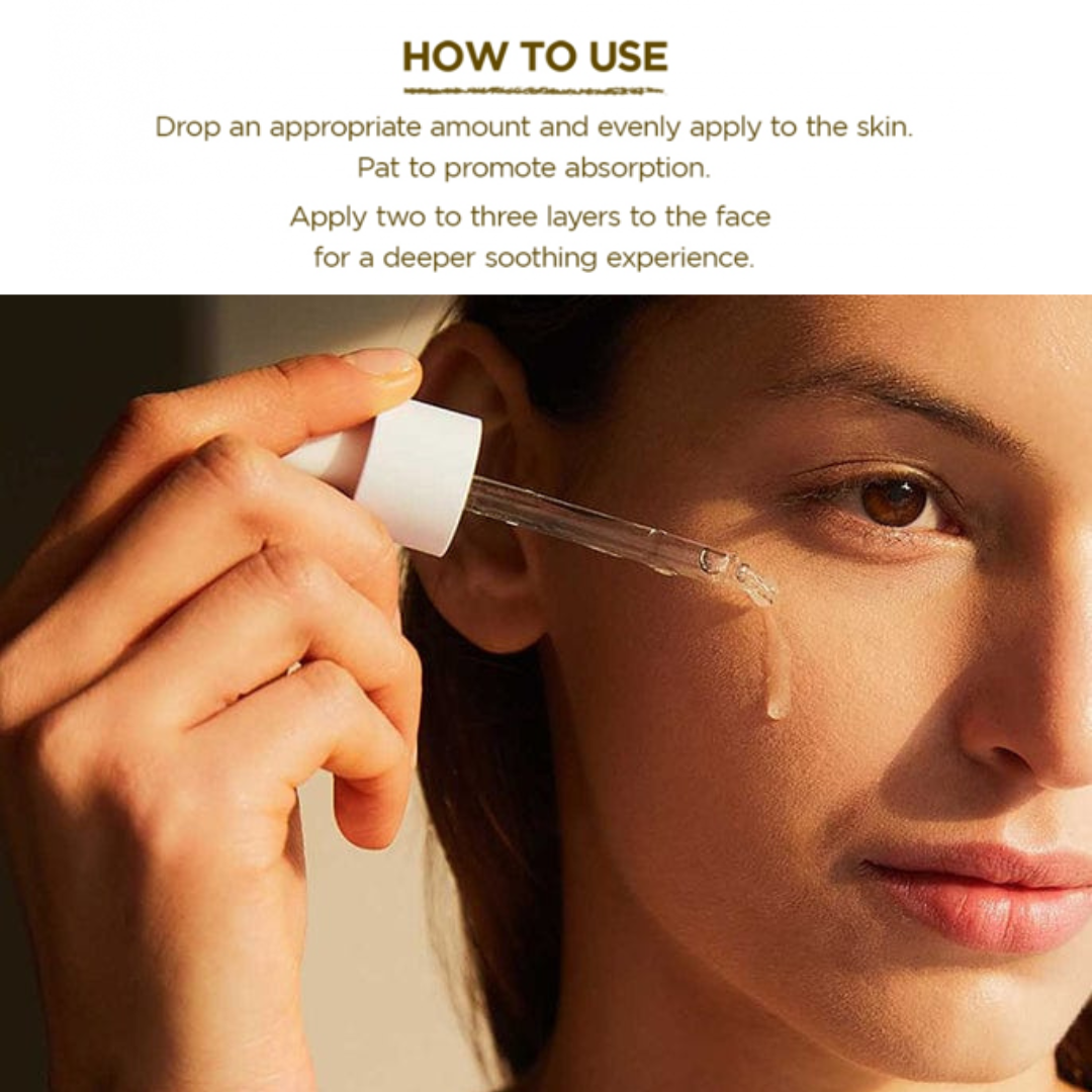 Woman applying SKIN1004 Madagascar Centella Ampoule with a dropper to their face, accompanied by usage instructions.