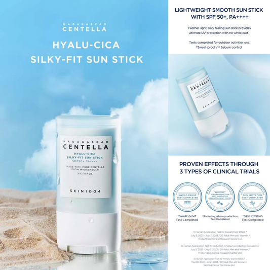 SKIN1004 Hyalu-Cica Silky-Fit Sun Stick with beach and sky background as well as text on product features and clinical trials