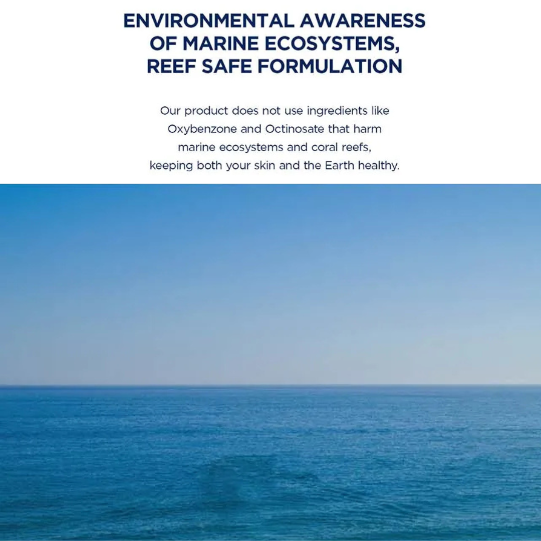 Ocean with text about environmental awareness and reef-safe formulation