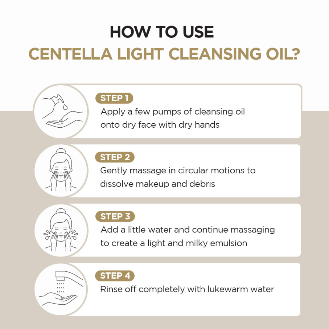 Instructions on how to use SKIN1004 Madagascar Centella Light Cleansing Oil with step-by-step icons and text.