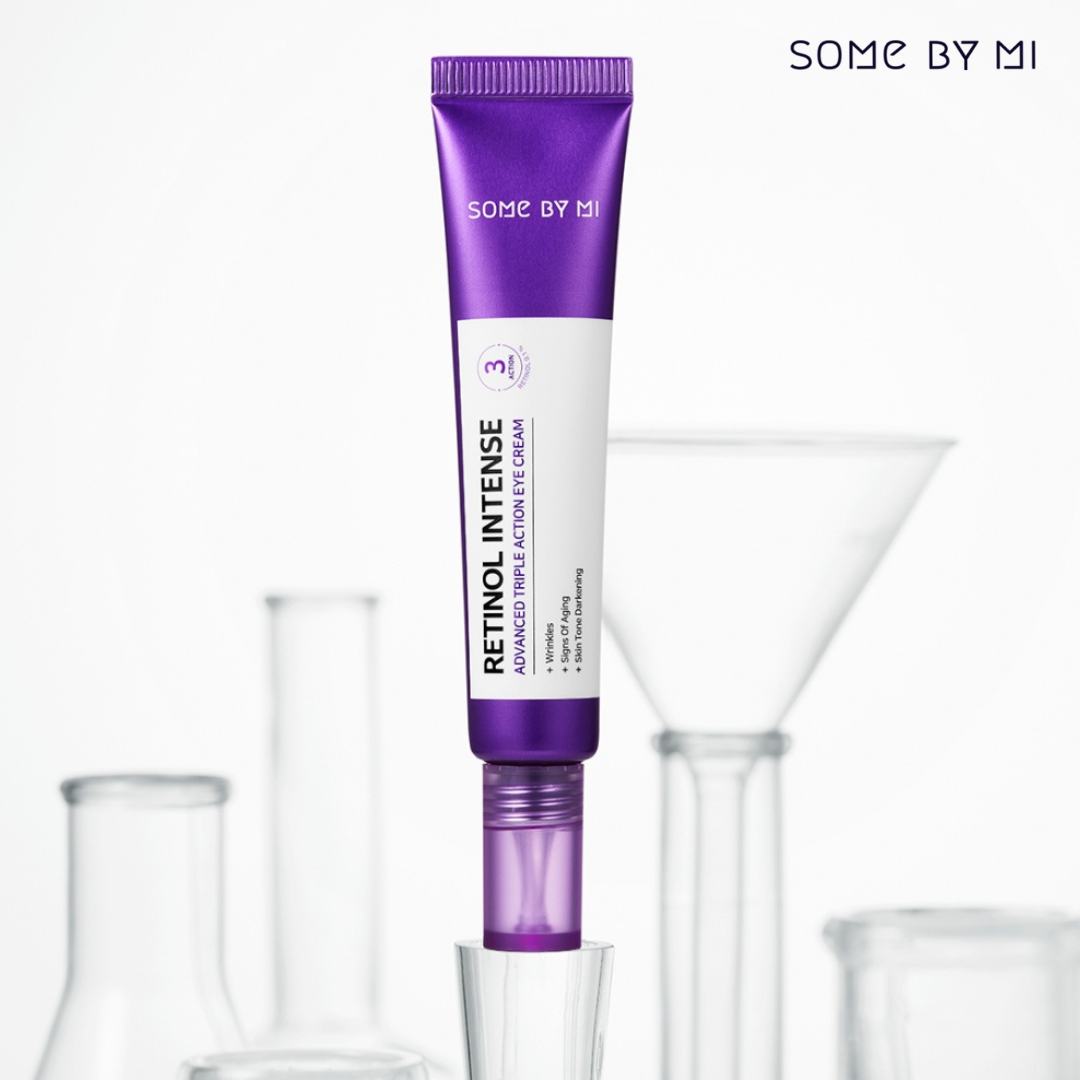 Purple skincare tube labeled 'SOME BY MI' with a white background. SOME BY MI Retinol Intense Advanced Triple Action Eye Cream