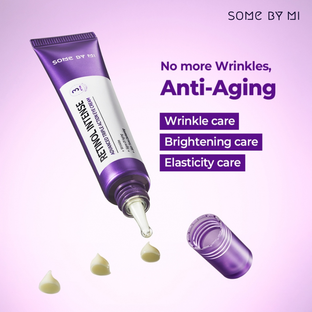 SOME BY MI Retinol Intense Advanced Triple Action Eye Cream with droplets on a purple background, featuring 'Some by Mi' brand.