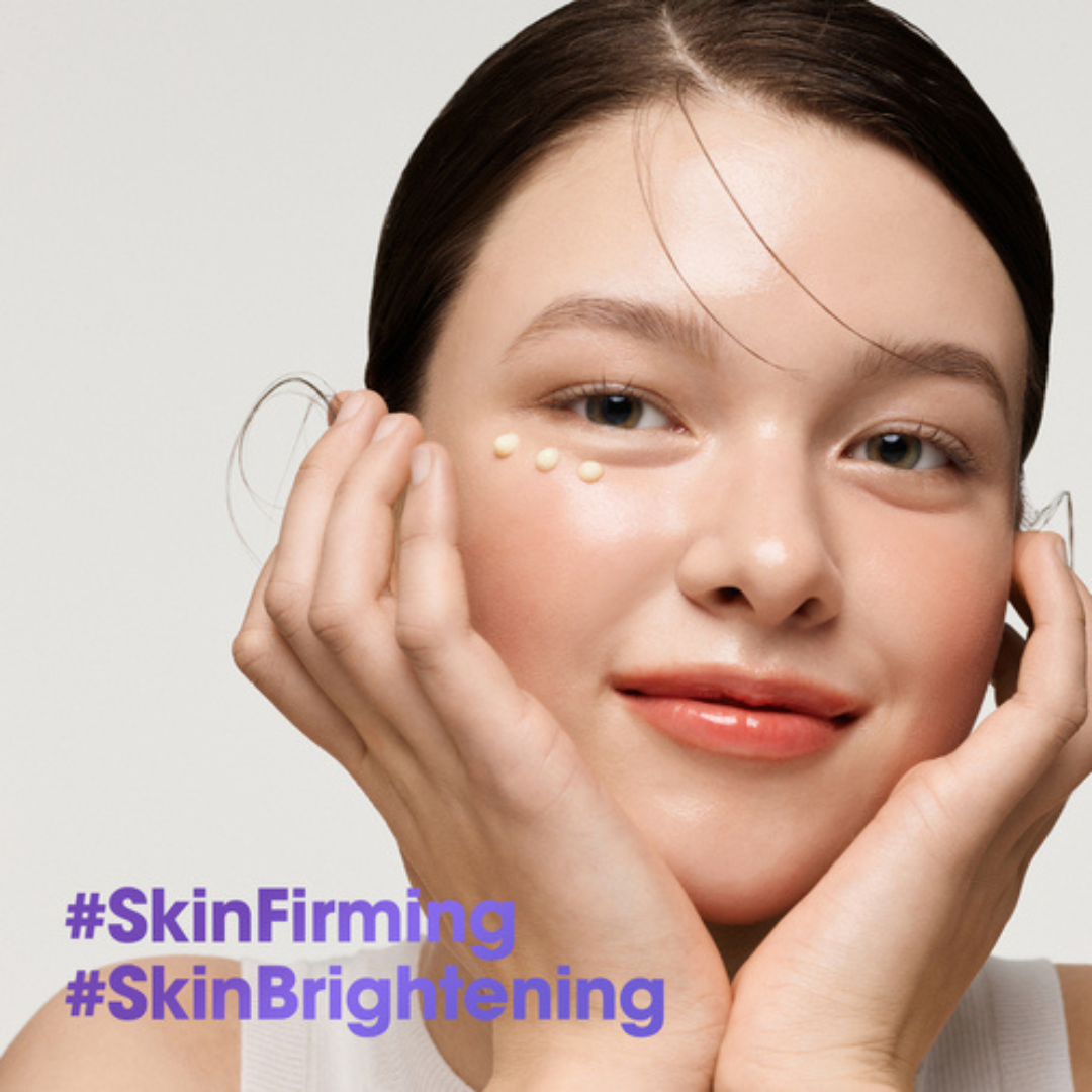 Woman with SOME BY MI Retinol Intense Advanced Triple Action Eye Cream her face with '#SkinFirming' and '#SkinBrightening' text.