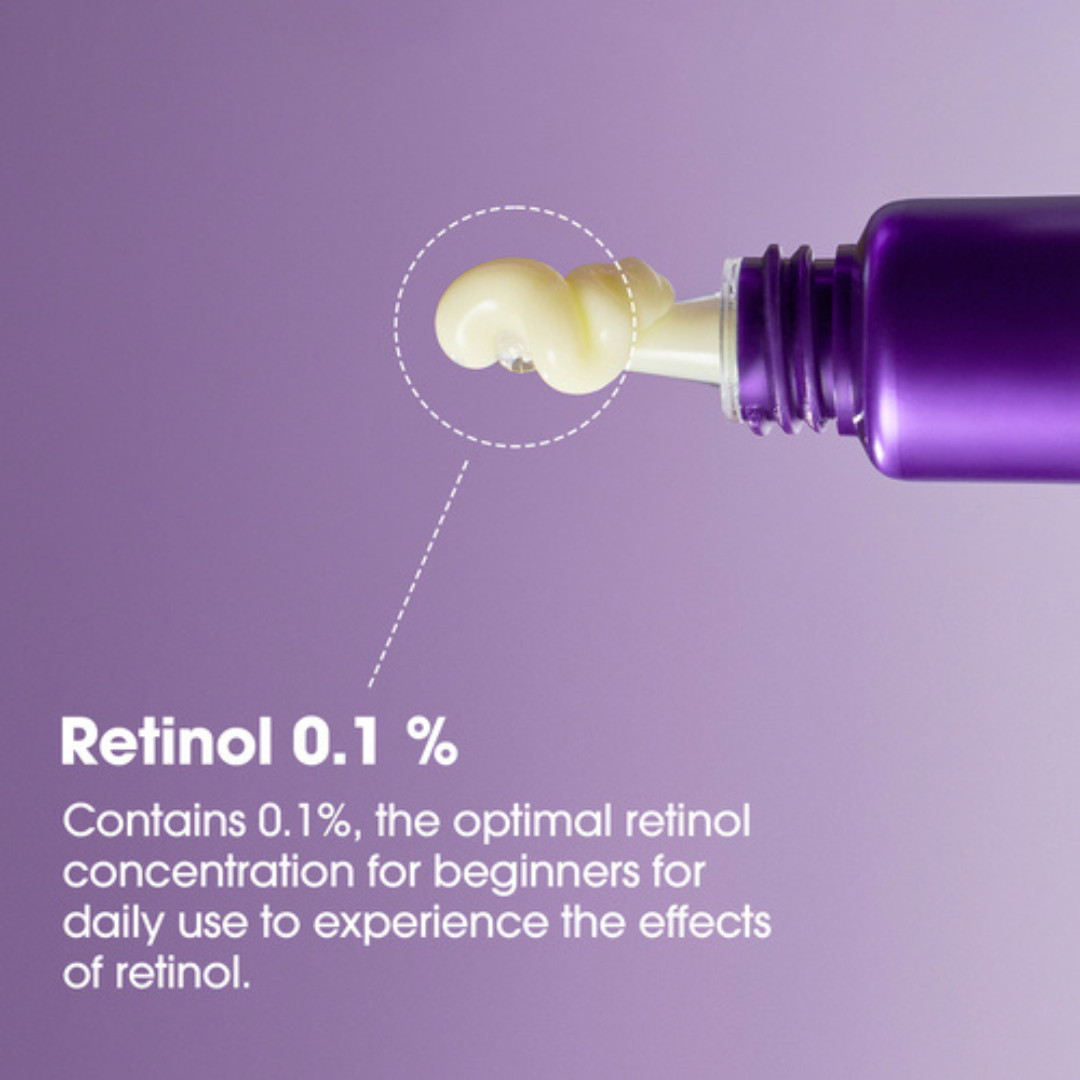 SOME BY MI Retinol Intense Advanced Triple Action Eye Cream with a droplet on a purple background with text about 0.1% Retinol