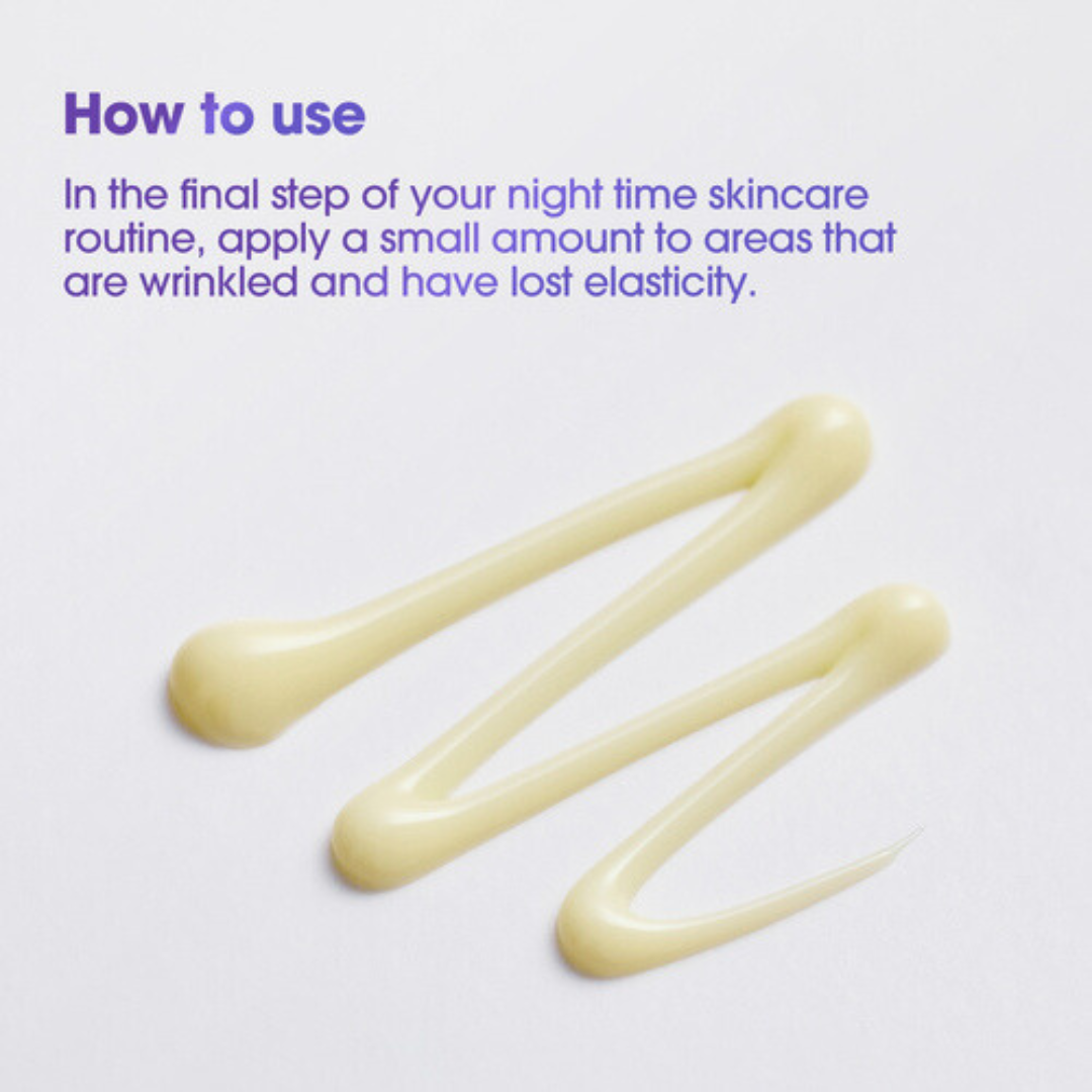 Skincare product application instructions with light purple text on a on a white background