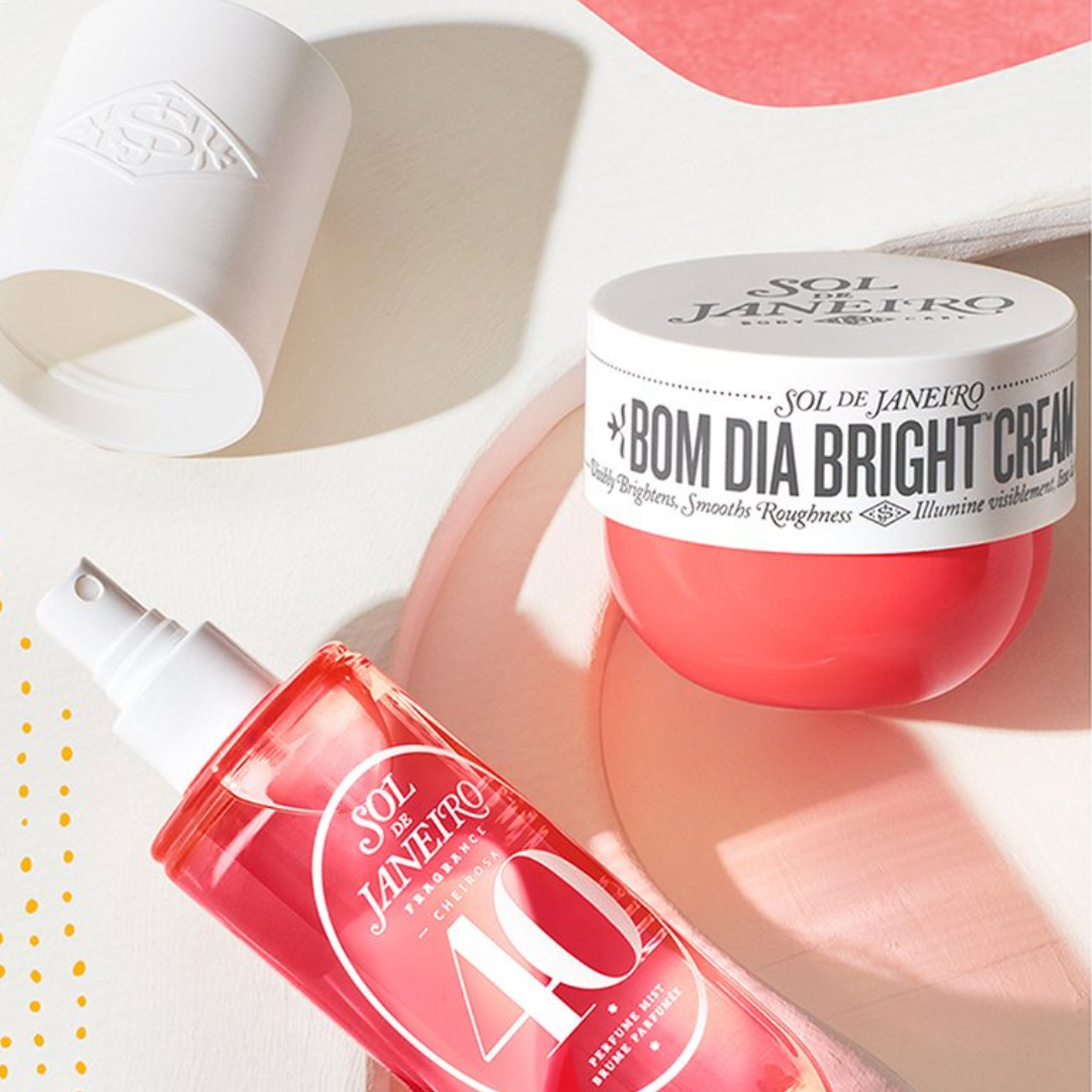 Sol de Janeiro Bom Dia Bright Cream skincare products including a bottle and jar on a light background