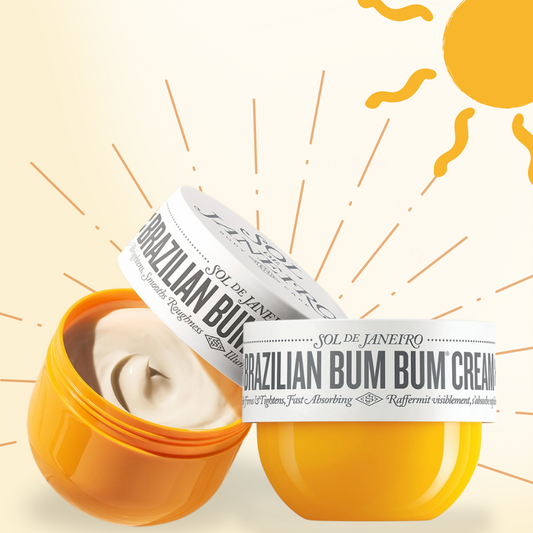 Two jars of Sol de Janeiro Brazilian Bum Bum Cream with a sun graphic on a beige background