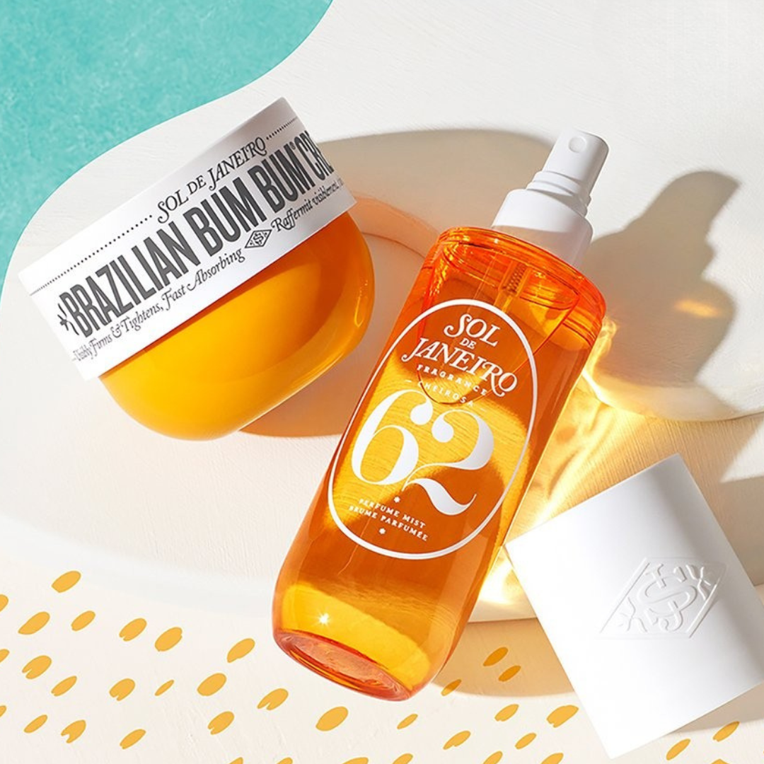 Sol de Janeiro products including a jar and bottle on a light background