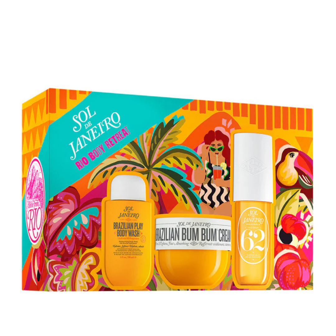 Colorful packaging of Sol de Janeiro products with tropical designs.