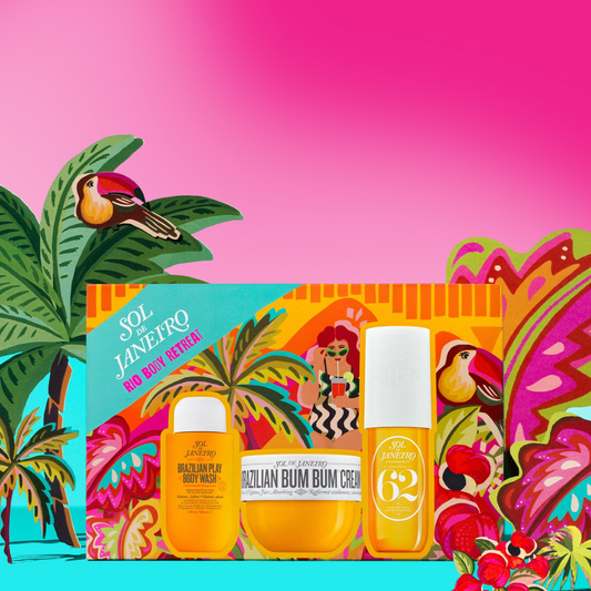 Colorful Sol de Janeiro product set with tropical design on a pink and blue background