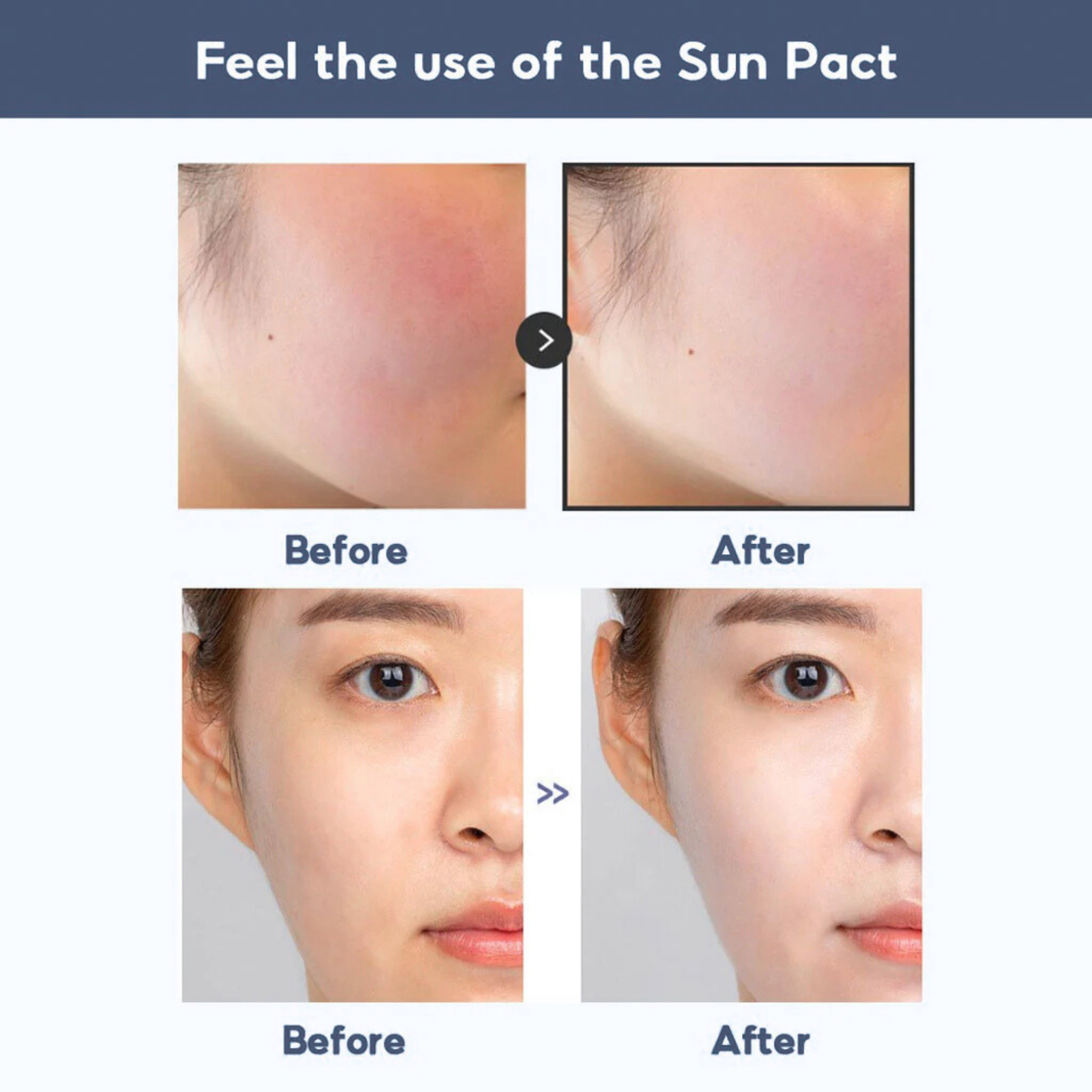 Before and after images of a womans face after applying the VT Cosmetics Essence Sun Pact