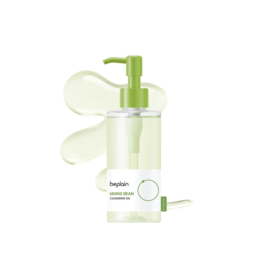 Beplain mung bean cleansing oil bottle with pump on a white background