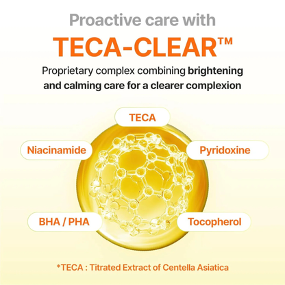 Information about the proprietary complex, TECA-CLEAR in the Centellian24 Madeca Vitamin 15+ Glowing Serum with its active ingredients called out on a light yellow background.
