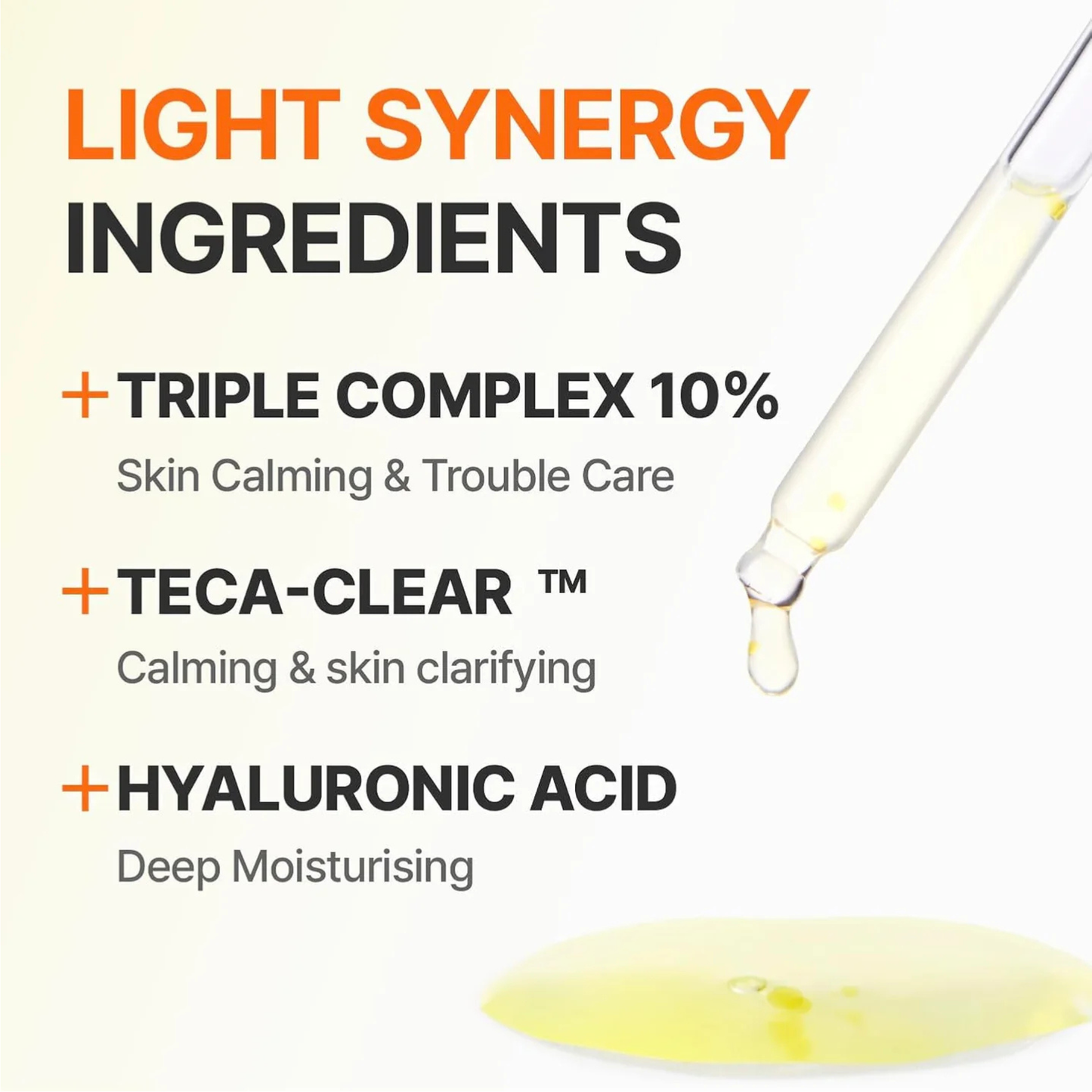 The synergy of hero ingredients in the Centellian24 Madeca Vitamin 15+ Glowing Serum highlighted with a dropper and liquid on a white background