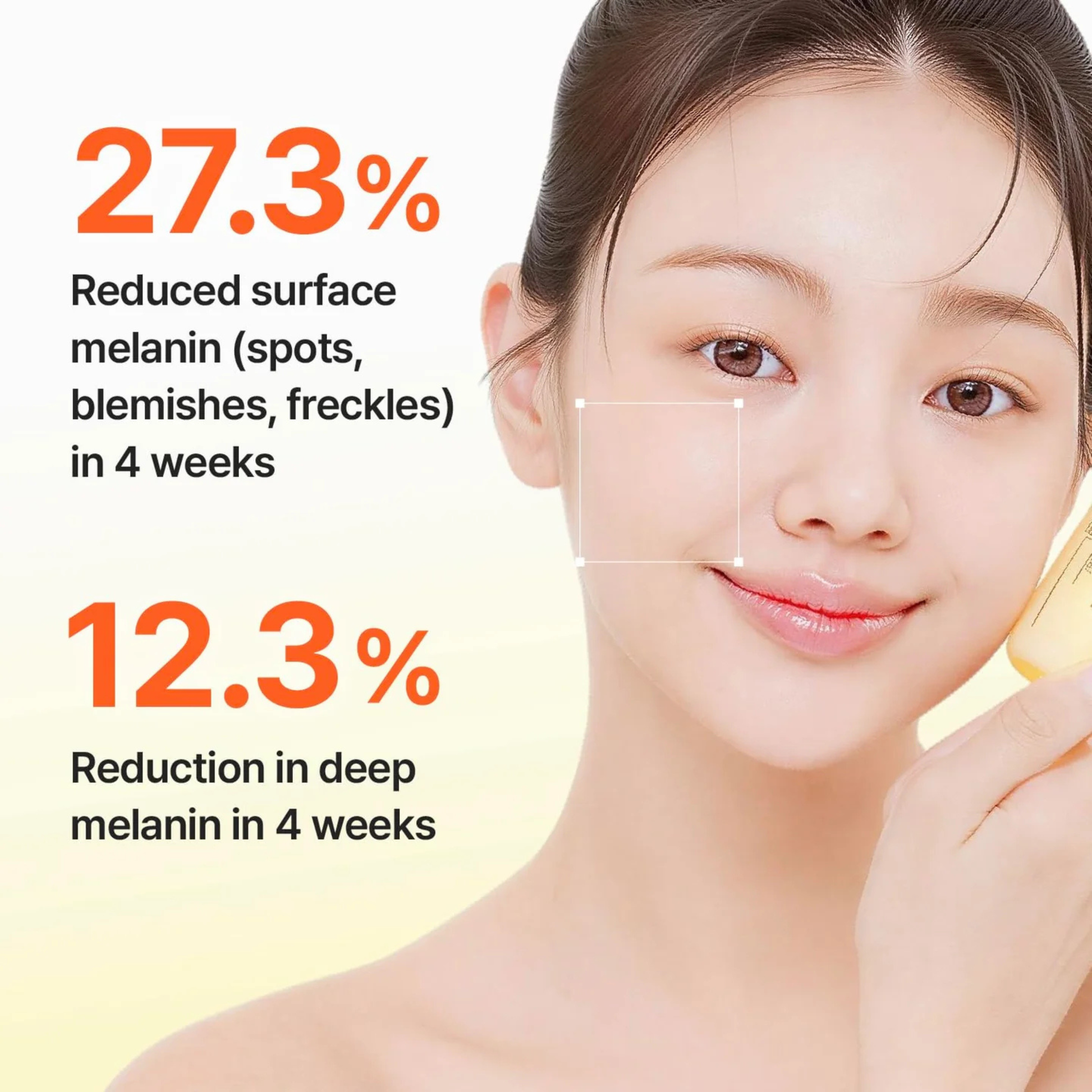 Woman with Centellian24 Madeca Vitamin 15+ Glowing Serum showing melanin reduction statistics after 4 weeks of use on a white background
