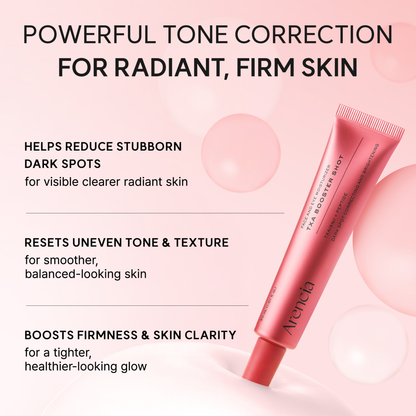 A ARENCIA TXA Booster Shot tube labeled Arencia on a soft pink background with promotional text about tone correction and skin improvement. for radiant, firm skin.