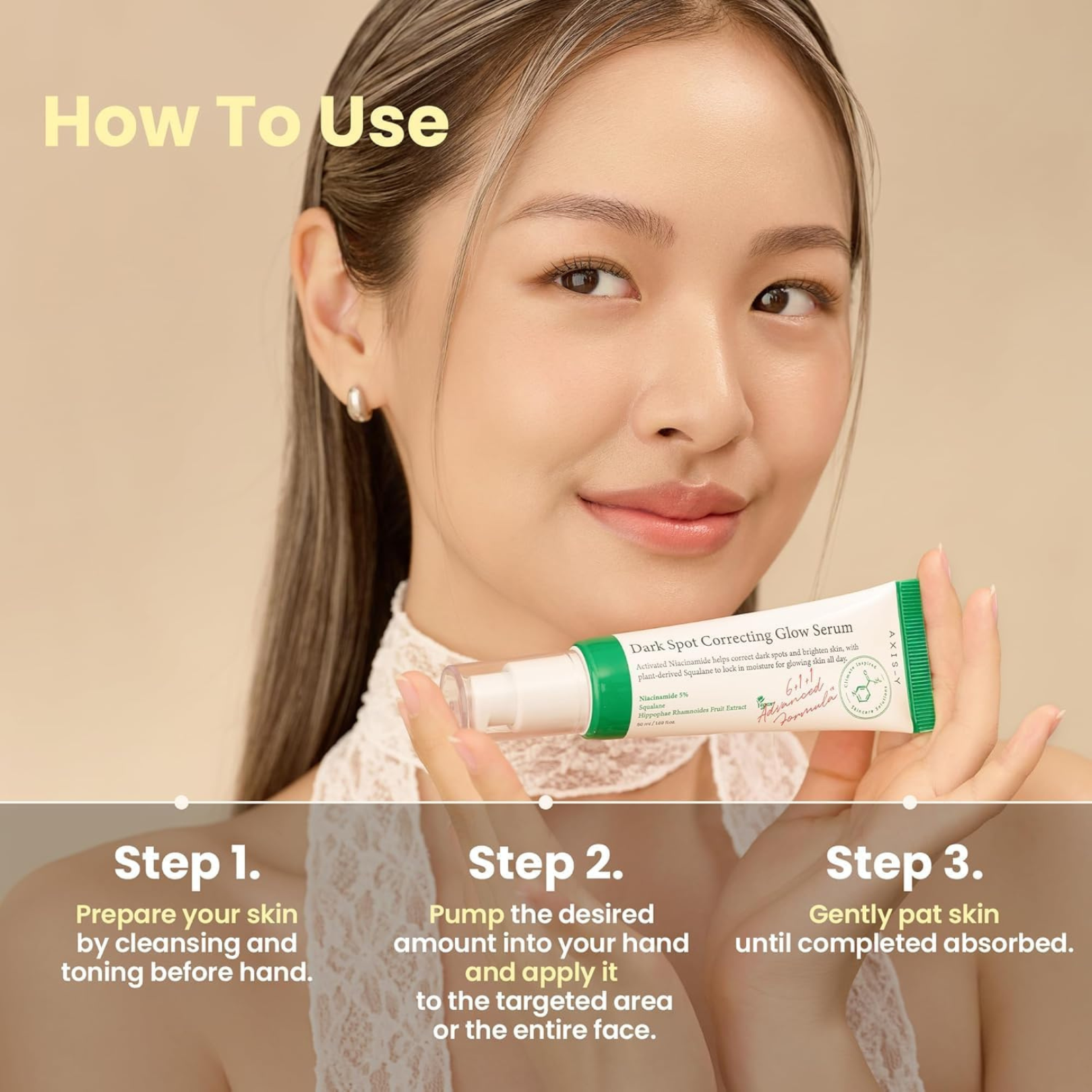 Woman holding a tube of AXIS-Y Dark Spot Correcting Glow Serum with step-by-step instructions on usage on a beige background