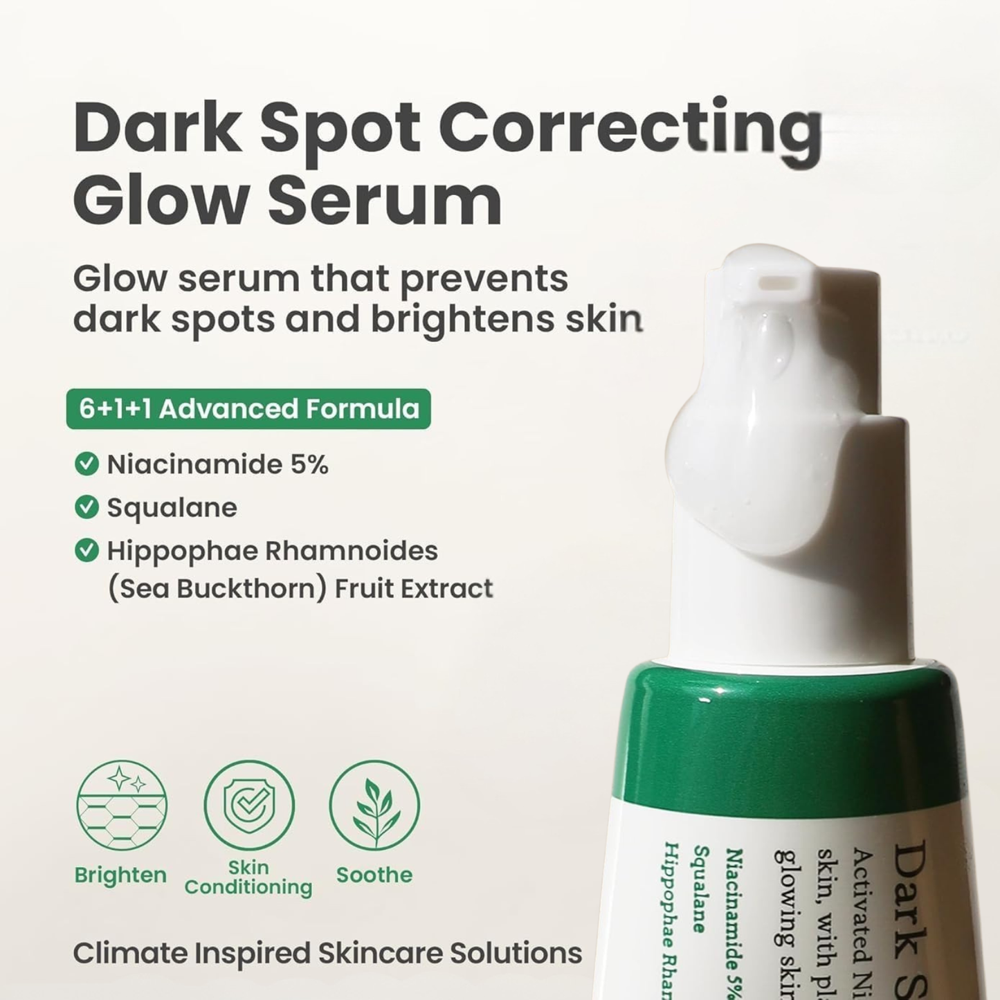 Axis-y Dark spot correcting glow serum with product and benefits and ingredients on a light background