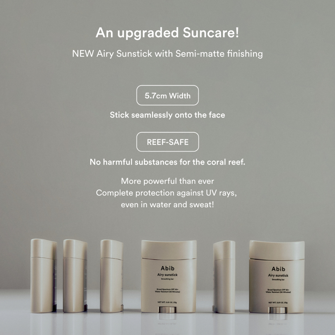 Abib Airy Sunstick with product details about finish, size and reef-safe on a gray background