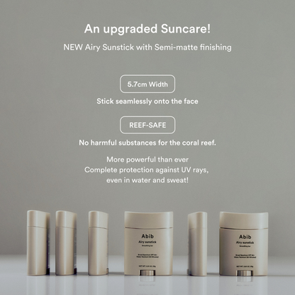 Abib Airy Sunstick with product details about finish, size and reef-safe on a gray background