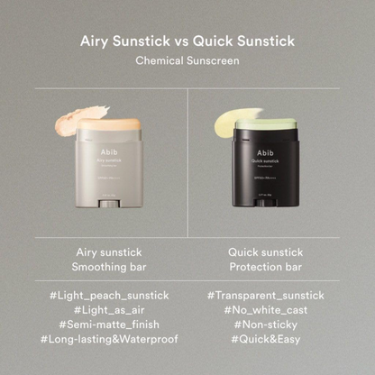 Comparison chart of Abib Airy Sunstick Smoothing Bar SPF50+ PA++++ and Quick Sunstick with product images and features.