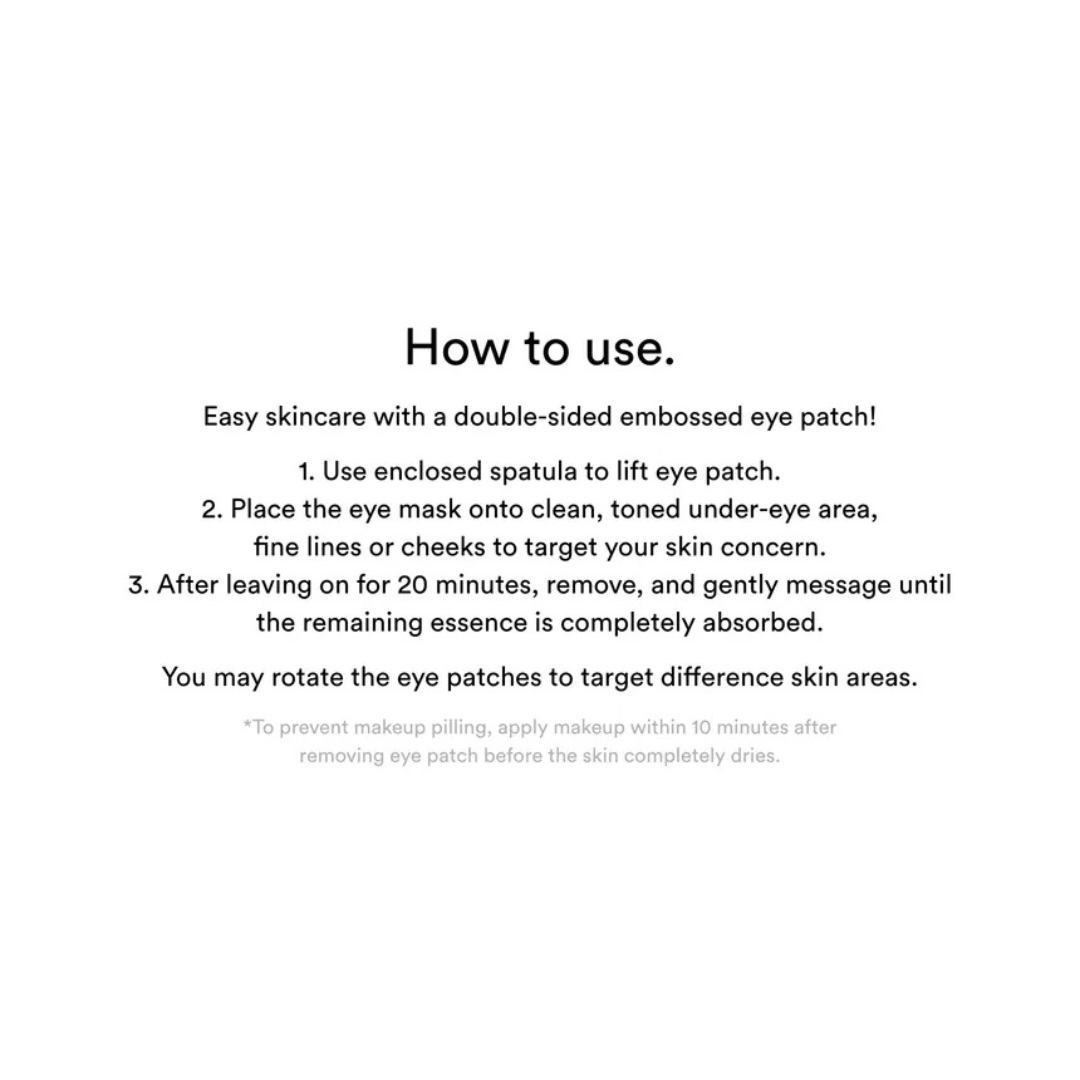 Instructions for using a double-sided eye patch on a white background. Abib Collagen Eye Patch Jericho Rose Jelly