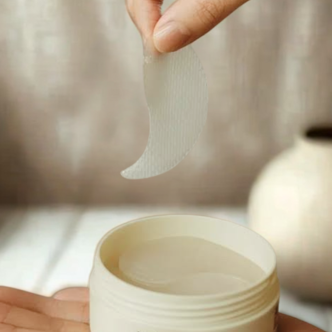 Person holding a jar of Abib Collagen Eye Patch Jericho Rose Jelly with a eye patch above it