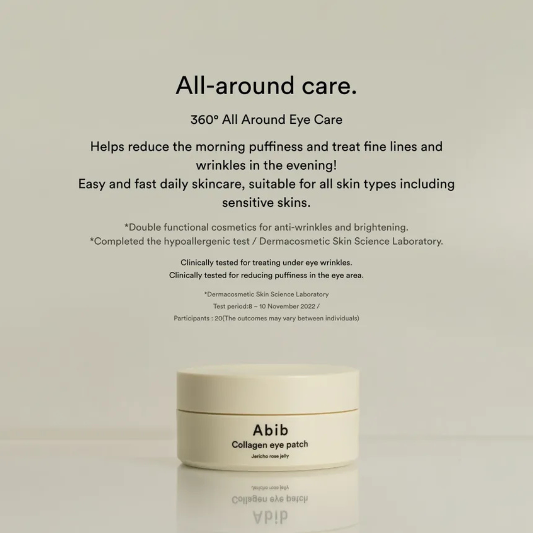 Abib Collagen Eye Patch Jericho Rose Jelly container with product description on a beige background