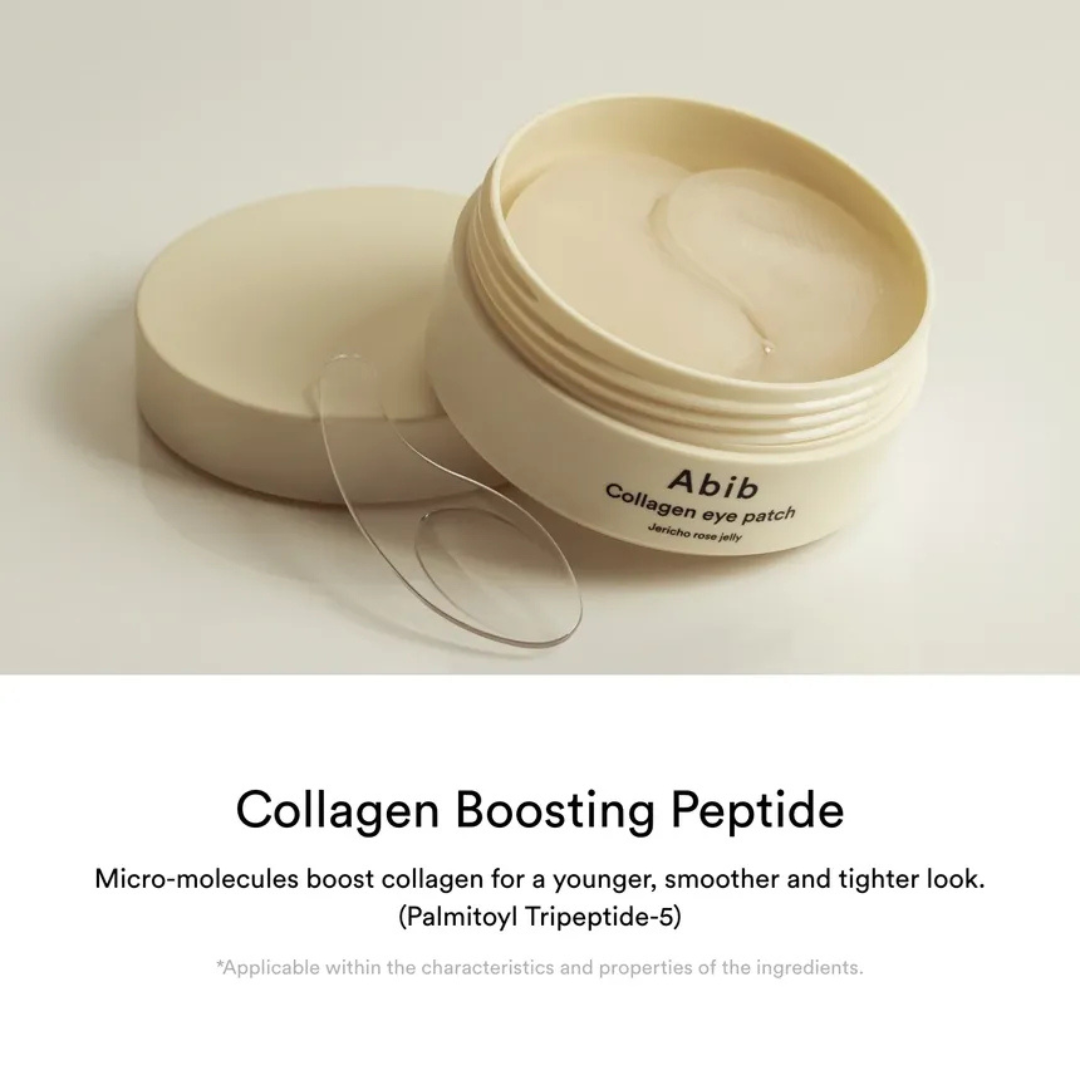 Abib collagen eye patch container with text about collagen boosting peptide on a light background