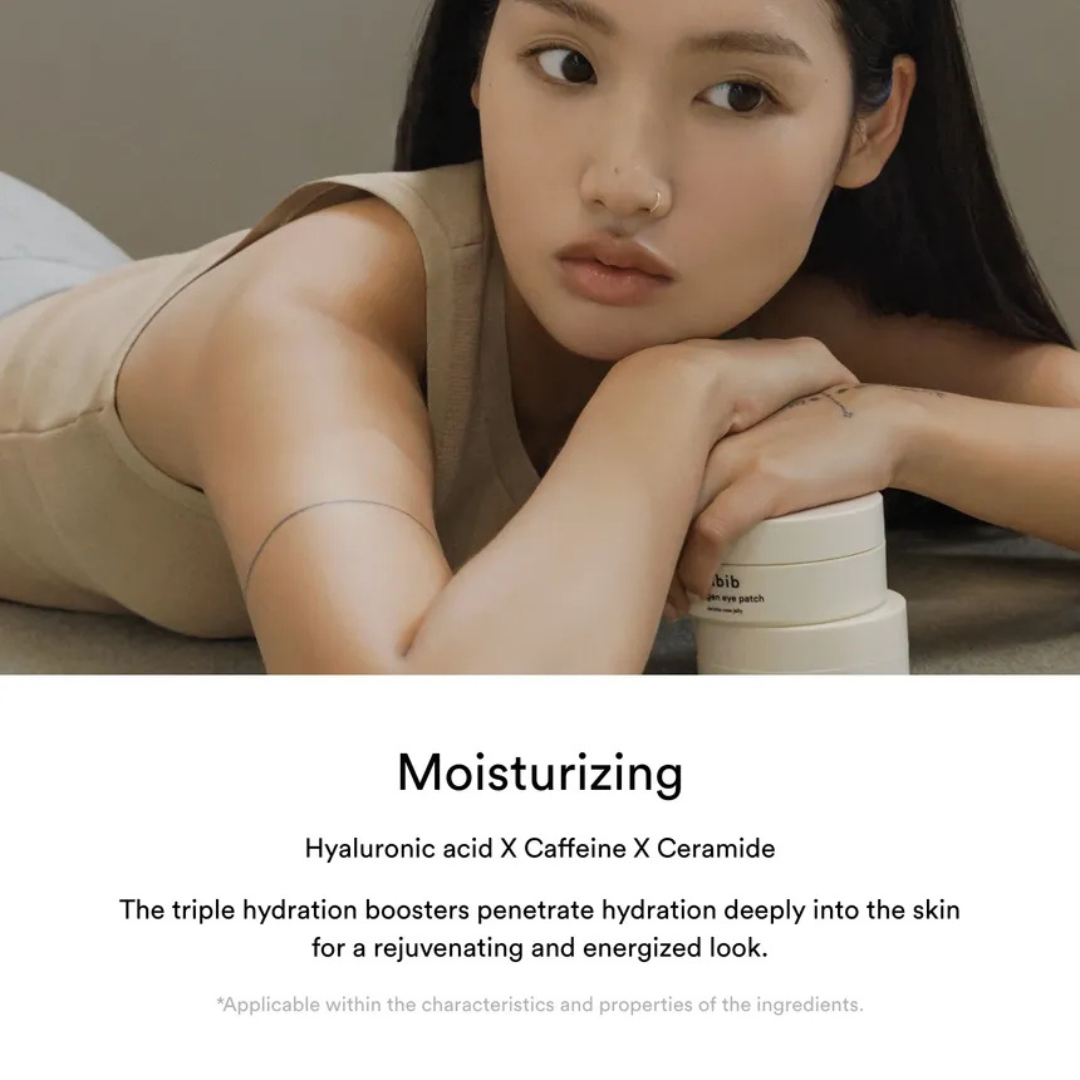 Woman holdingAbib Collagen Eye Patch Jericho Rose Jelly with text about moisturizing ingredients.