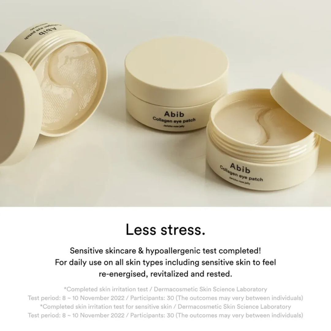 Abib collagen eye patch containers on a light background with text about it's skincare benefits.