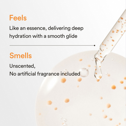 Product dropper with text about deep hydration and unscented nature on a light background. Abib Glutathiosome Dark Spot Serum Vita Drop