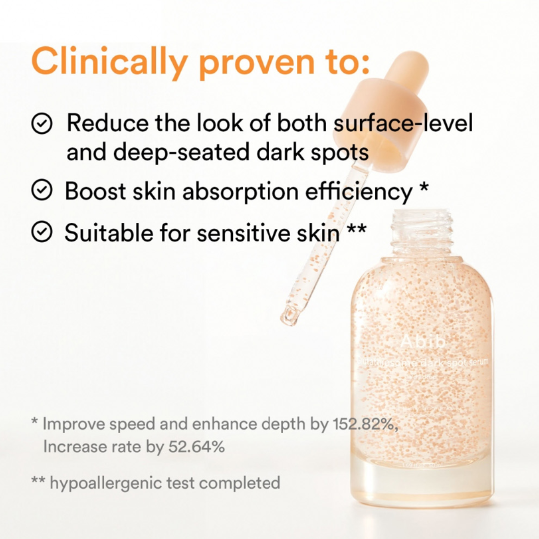 Abib Glutathiosome Dark Spot Serum Vita Drop with dropper and text highlighting benefits on a white background