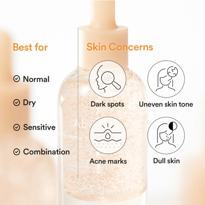 Skincare serum bottle with icons and text indicating skin concerns it addresses. Abib Glutathiosome Dark Spot Serum Vita Drop.