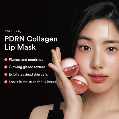 Woman holding Abib PDRN Collagen Lip Mask Glazed Jelly with product details on a black background