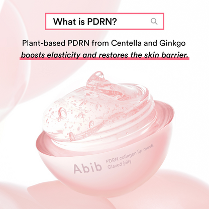Pink jar of Abib PDRN Collagen Lip Mask Glazed Jelly with text about plant-based PDRN ingredients.