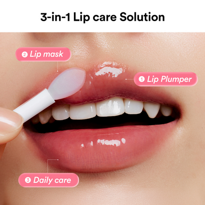 Lip care solution with Abib PDRN Collagen Lip Mask Glazed Jelly, lip plumper, and daily care application on lips.