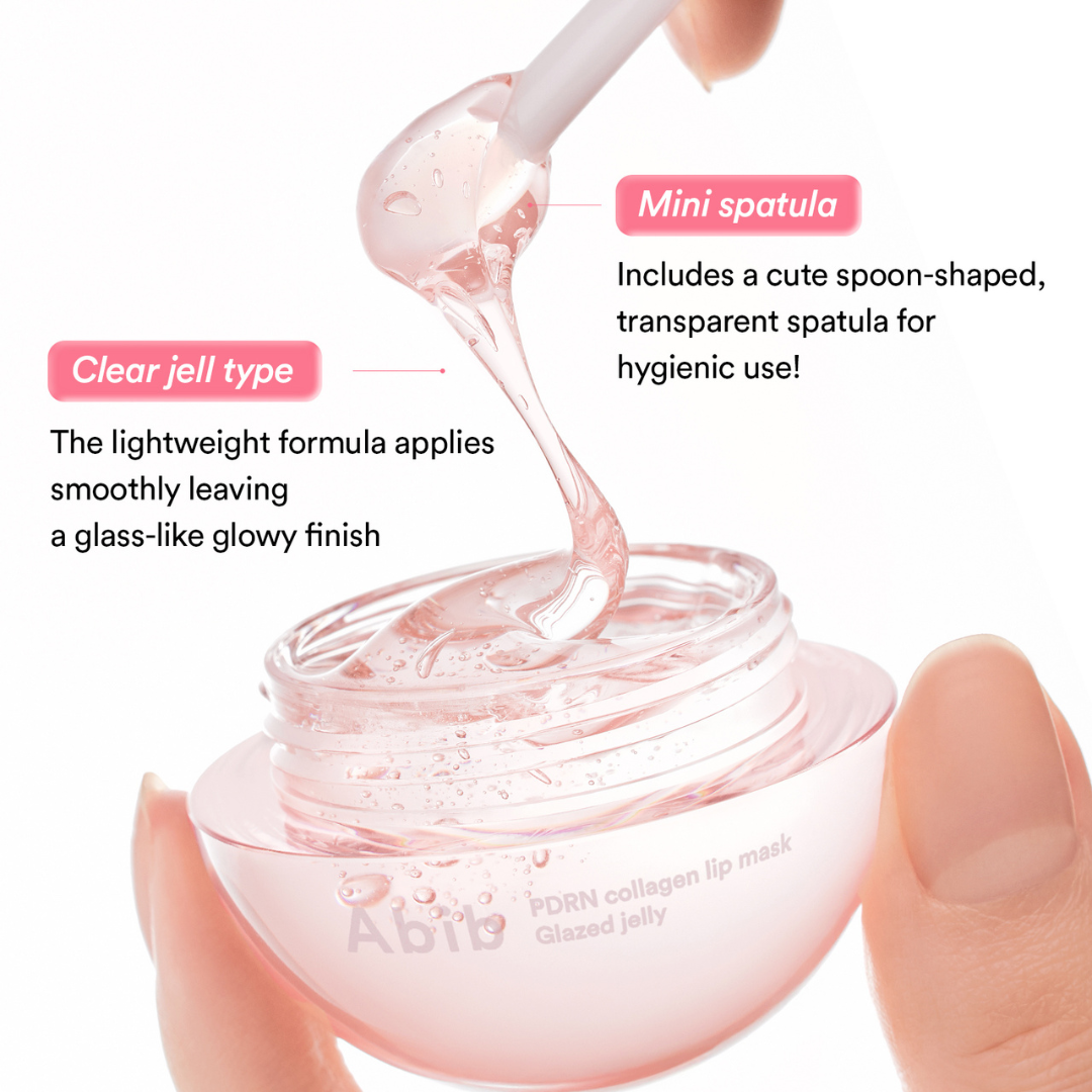 Abib PDRN Collagen Lip Mask Glazed Jelly with a mini spatula and text describing its features