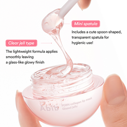 Abib PDRN Collagen Lip Mask Glazed Jelly with a mini spatula and text describing its features