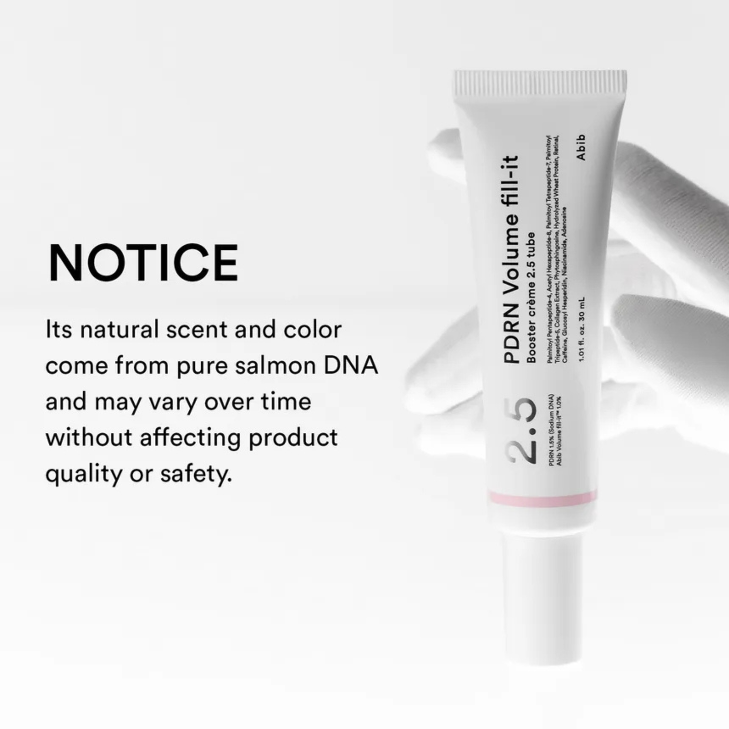 Abib PDRN Volume Fill-It Booster Cream 2.5 Tube on a white background with text about product properties of the product that can change over time