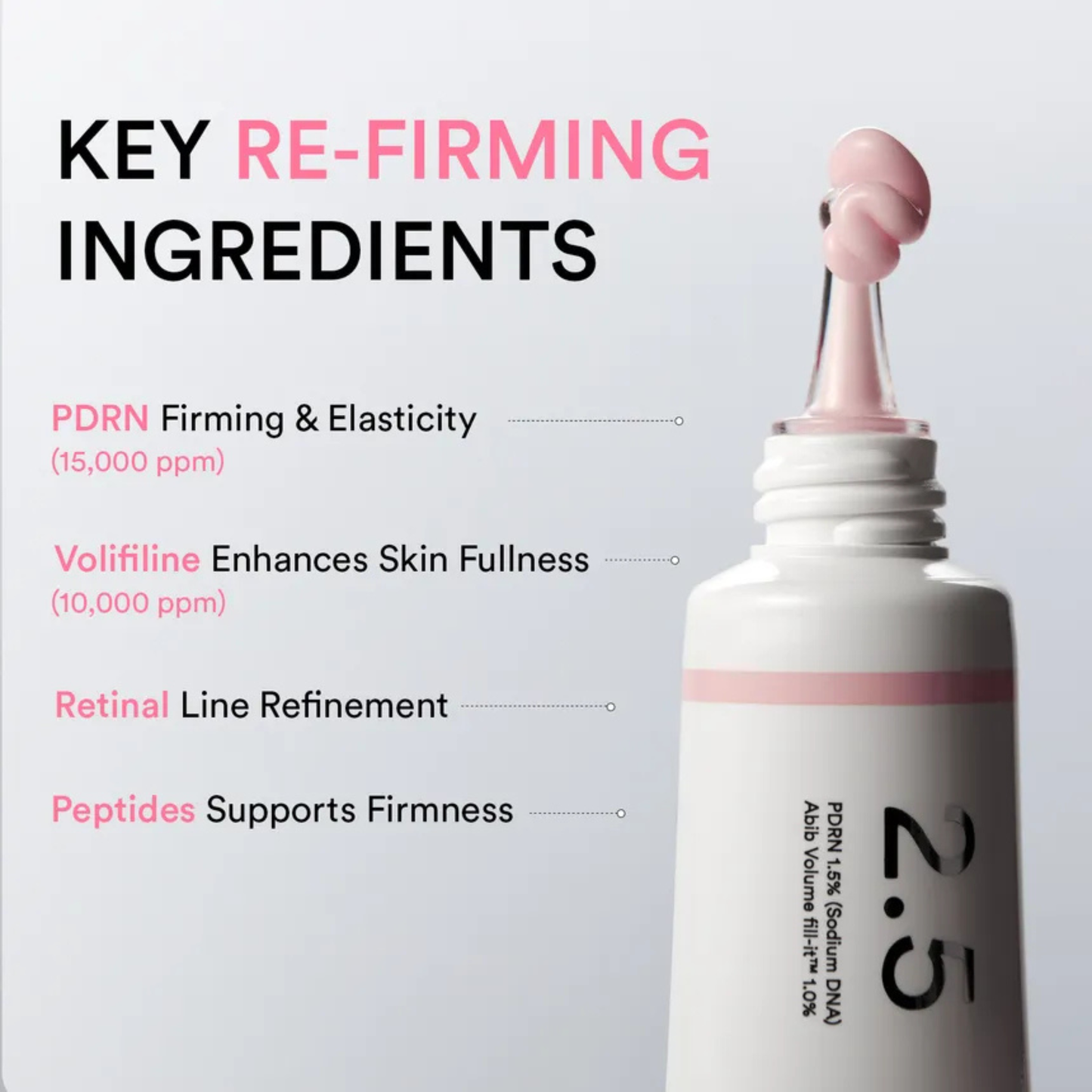 Abib PDRN Volume Fill-It Booster Cream 2.5 Tube with key re-firming ingredients listed on a gray background
