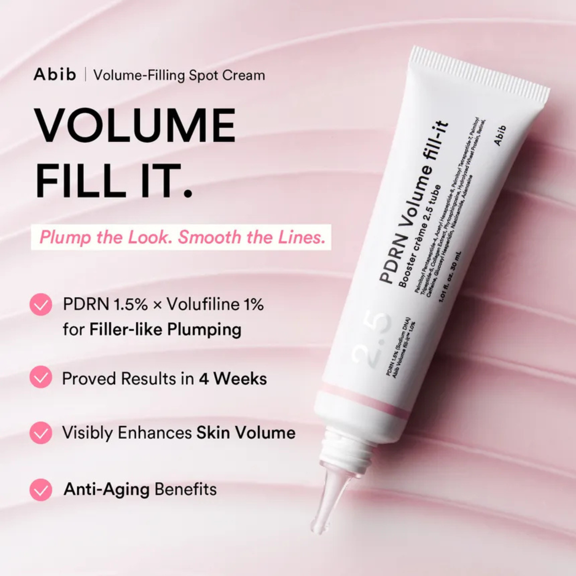 Abib PDRN Volume Fill-It Booster Cream 2.5 Tube on a pink background with product benefits listed including Anti-ageing and volume