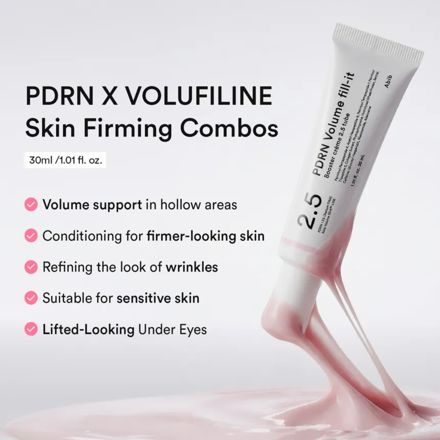 PDRN X VOLUFILINE skin firming combo with Abib PDRN Volume Fill-It Booster Cream 2.5 Tube and text about the product benefits on a light gray background