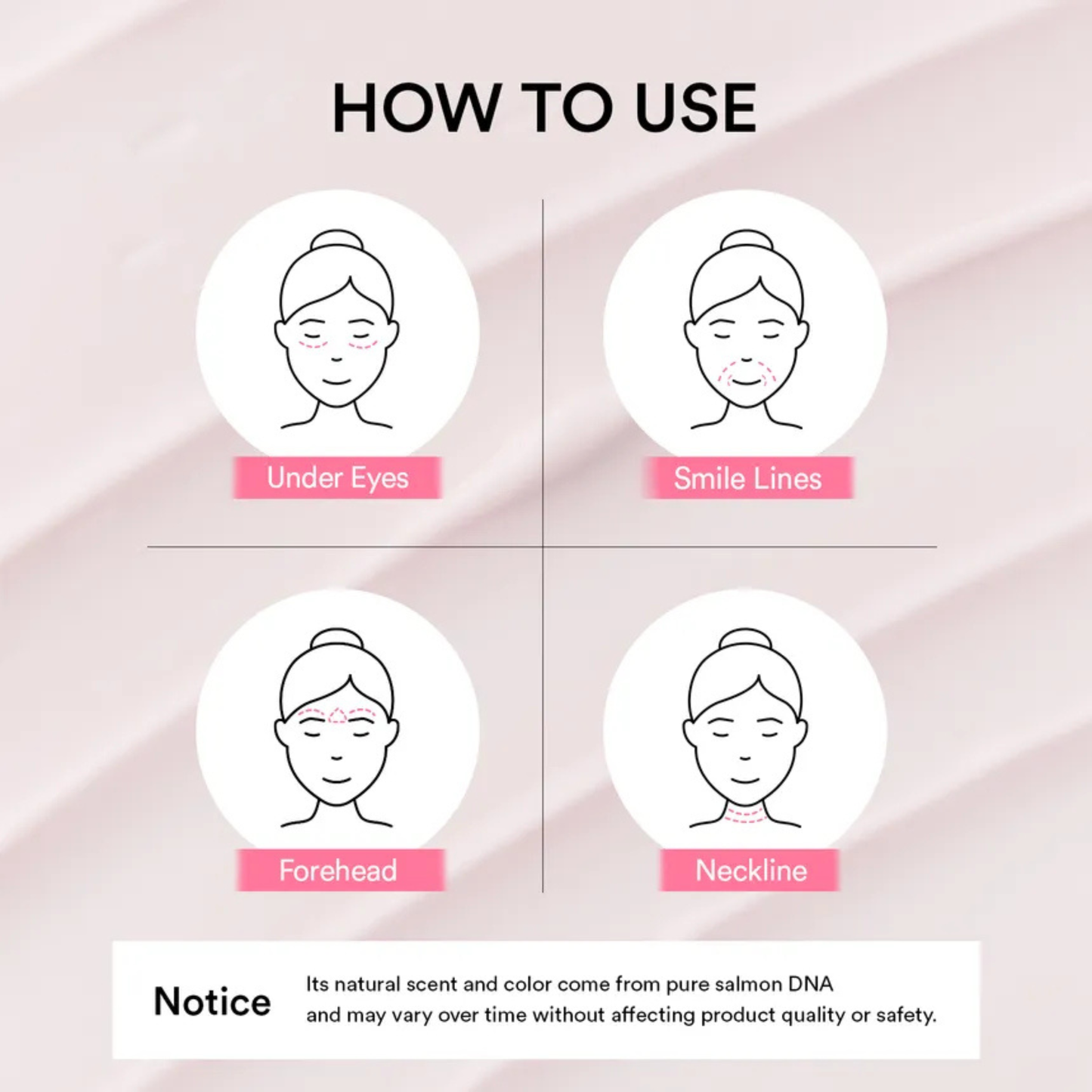 Instructions on how to use the Abib PDRN Volume Fill-It Booster Cream 2.5 Tube for under eyes, smile lines, forehead, and neckline on a pink background.