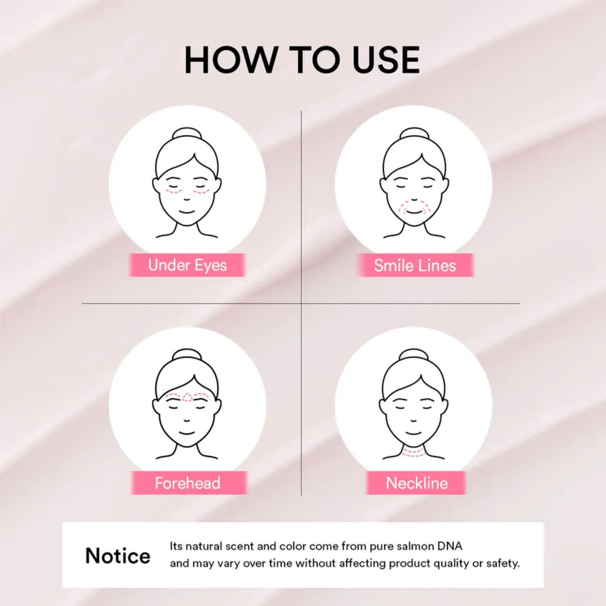 Instructions on how to use the Abib PDRN Volume Fill-It Booster Cream 2.5 Tube for under eyes, smile lines, forehead, and neckline on a pink background.