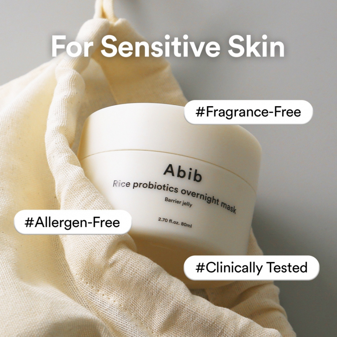 Abib rice probiotics overnight mask for sensitive skin on a beige towel with text indicating features.