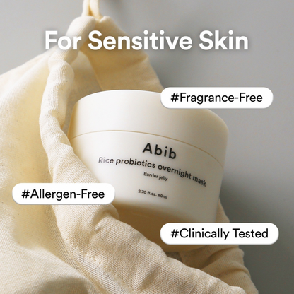 Abib rice probiotics overnight mask for sensitive skin on a beige towel with text indicating features.