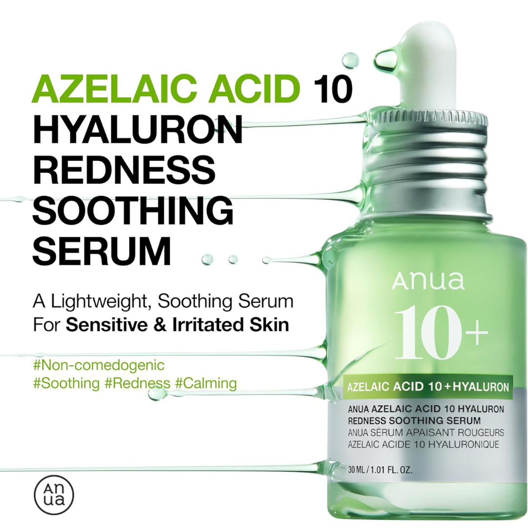 Anua Azelaic Acid 10 Hyaluron Redness Soothing Serum bottle with text on a white background