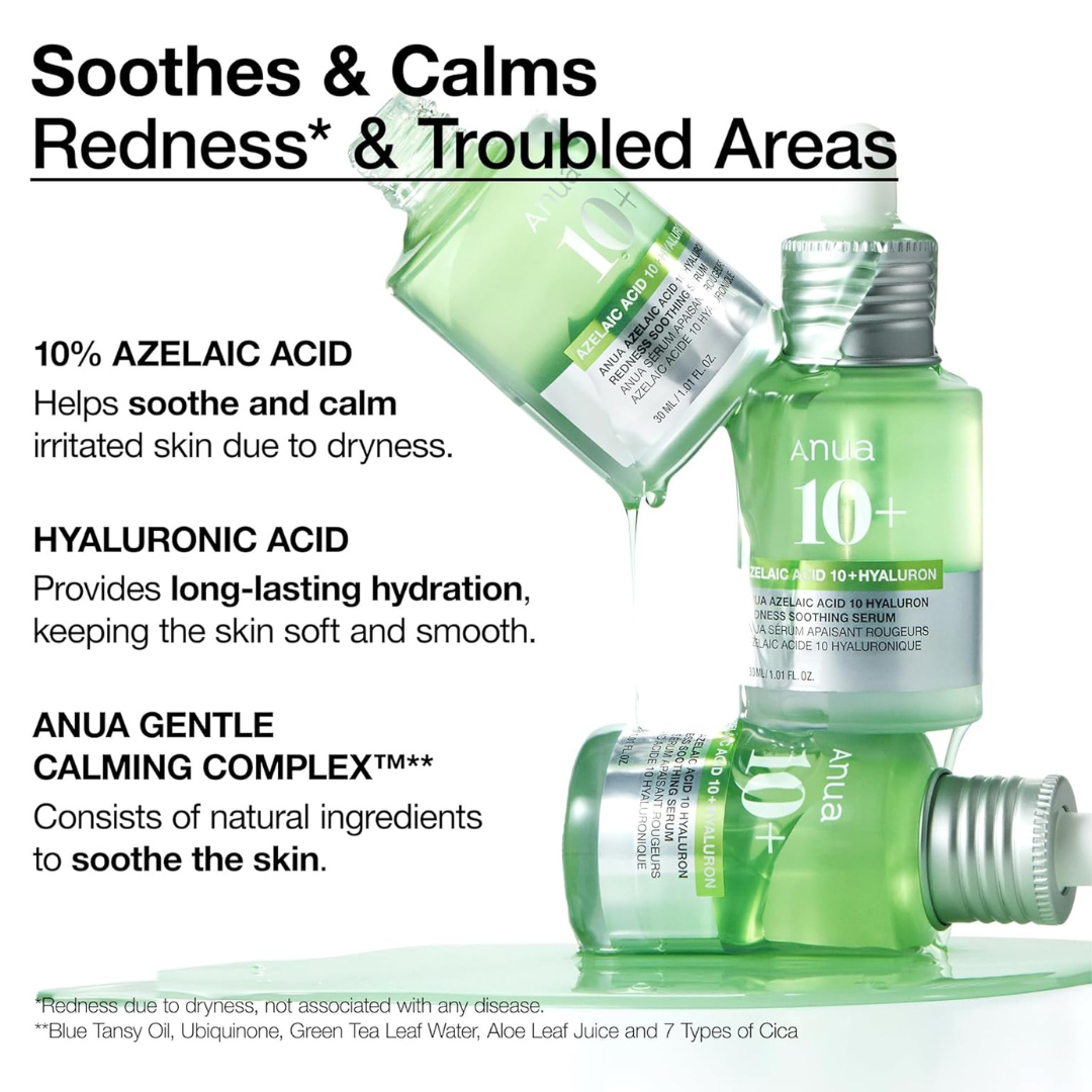 Anua Azelaic Acid 10 Hyaluron Redness Soothing Serum  bottles with text about azelaic acid, hyaluronic acid, and calming complex on a white background